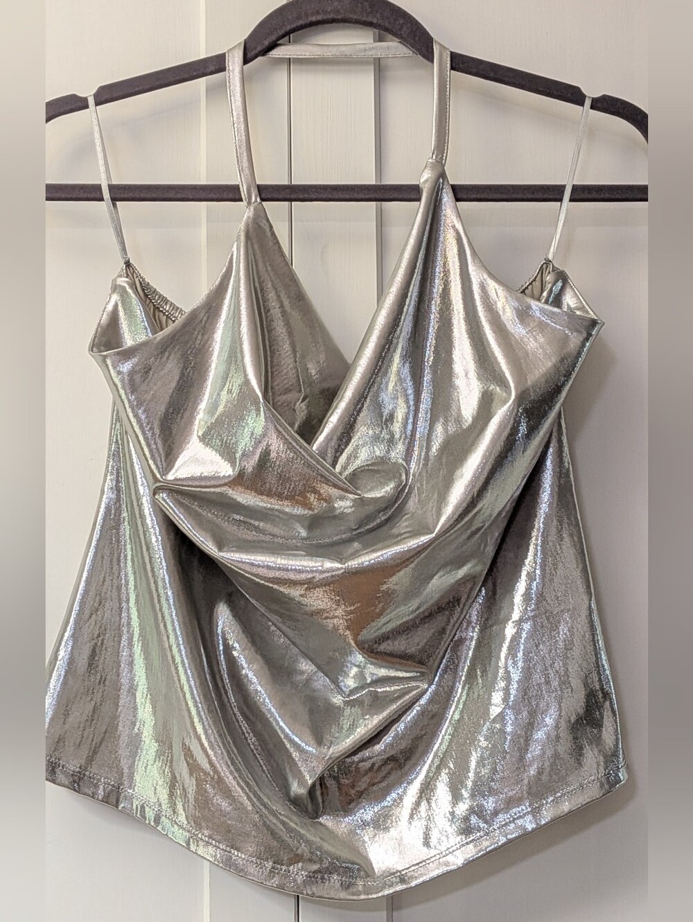 Anthropologie Silver Metallic Draped Cowl Neck halter top, Size Extra Large